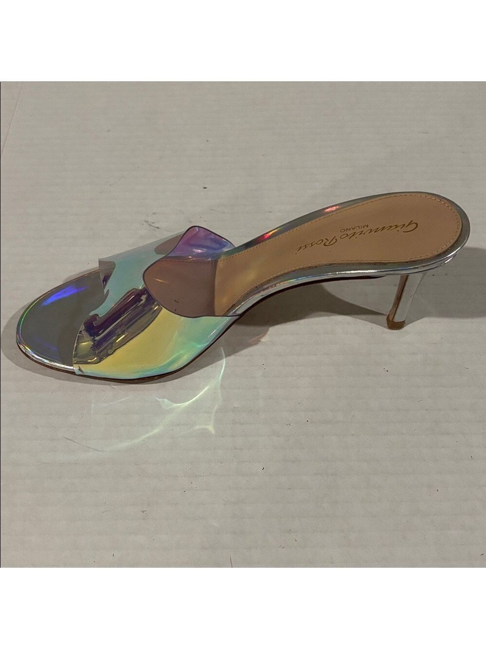 Gianvito Rossi Elle 105 Silver Iridescent and Foil Leather Plexi Mules-36 Euro - Picture 3 of 8